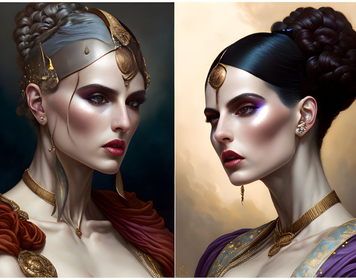 Stylized portraits of women with intricate hairstyles and regal attire