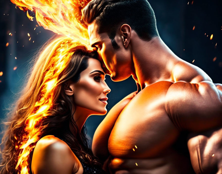 Muscular man and woman with flaming hair in intimate pose against fiery background