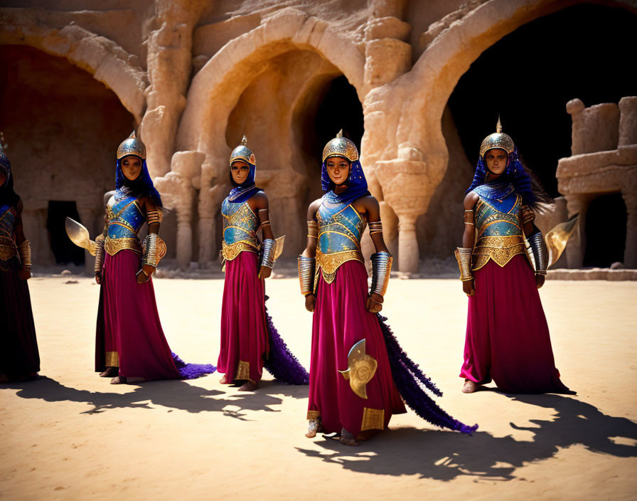 Four women in ancient warrior costumes in sandy arena with sculpted arches