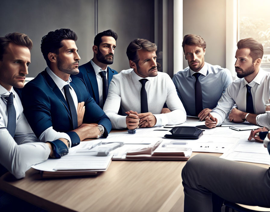 Six Men in Professional Attire Having Serious Meeting with Documents