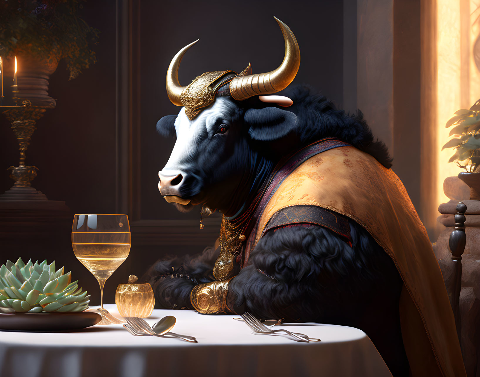 Golden-horned anthropomorphic bull at dining table with wine