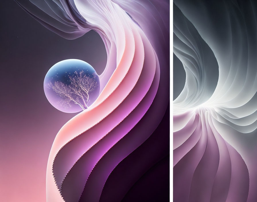 Abstract Diptych: Pastel Waves with Tree Sphere & Monochrome Patterns