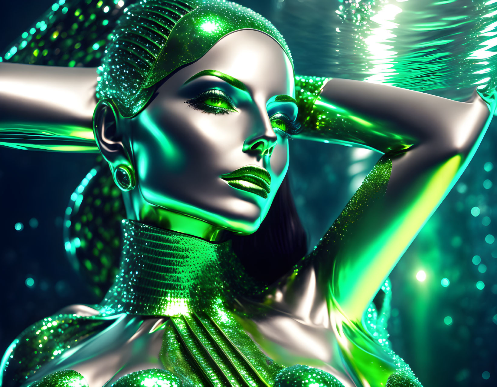 Shimmering emerald-skinned woman in sparkling attire on bokeh light background