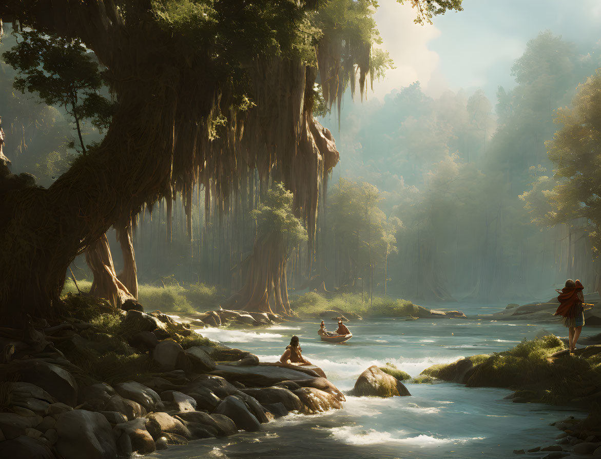 Tranquil river scene with canoe and forest walkers among lush greenery