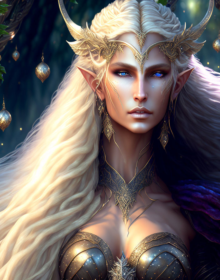 Fantasy female elf illustration with blue eyes and blonde hair in forest.