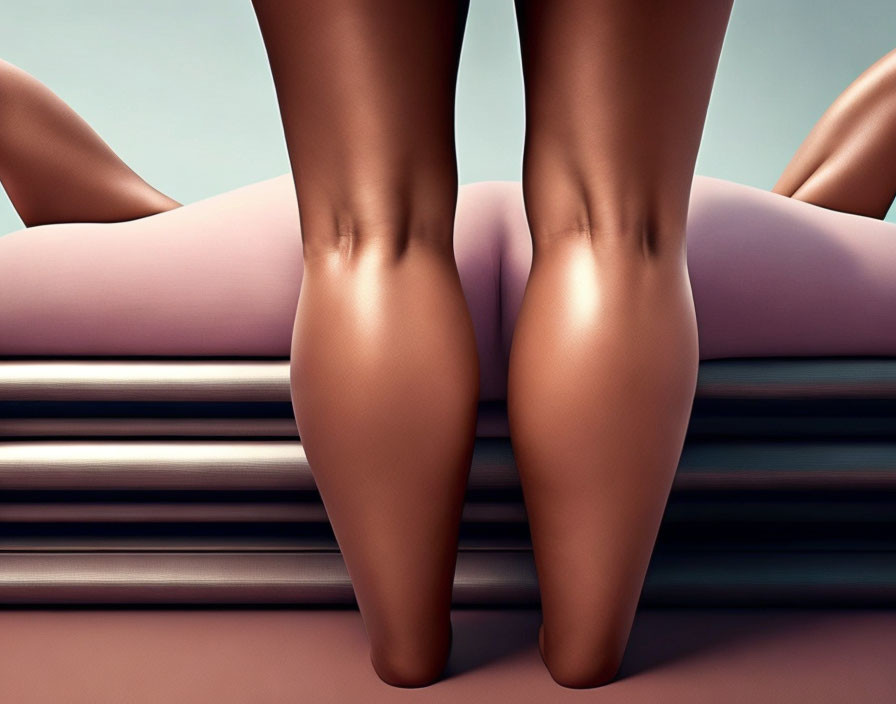 Two pairs of human legs in different skin tones against pastel cushions