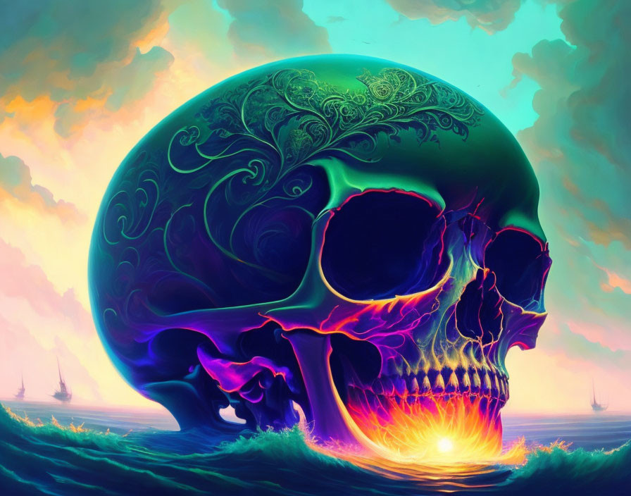 Colorful Skull Art Against Surreal Sky and Ships