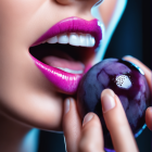 Person with vibrant purple lipstick biting into glossy purple plum.