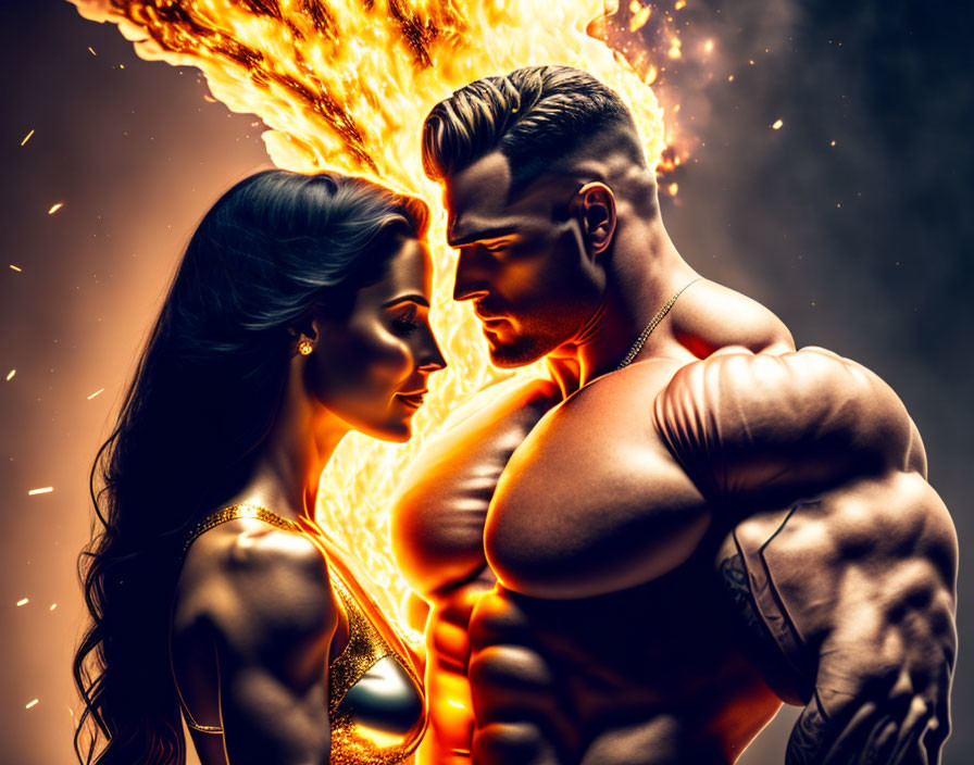 Muscular man and woman with flaming hair against fiery backdrop