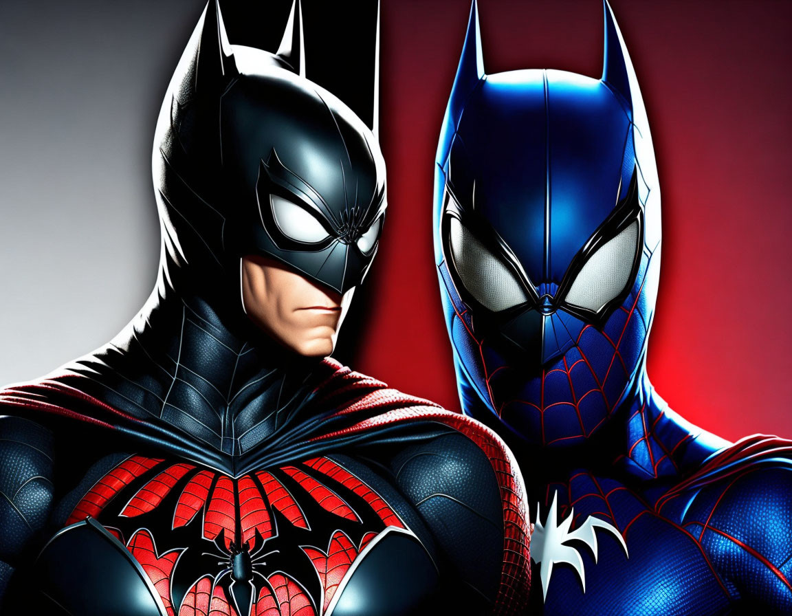 Iconic superheroes Batman and Spider-Man close-up masks comparison.