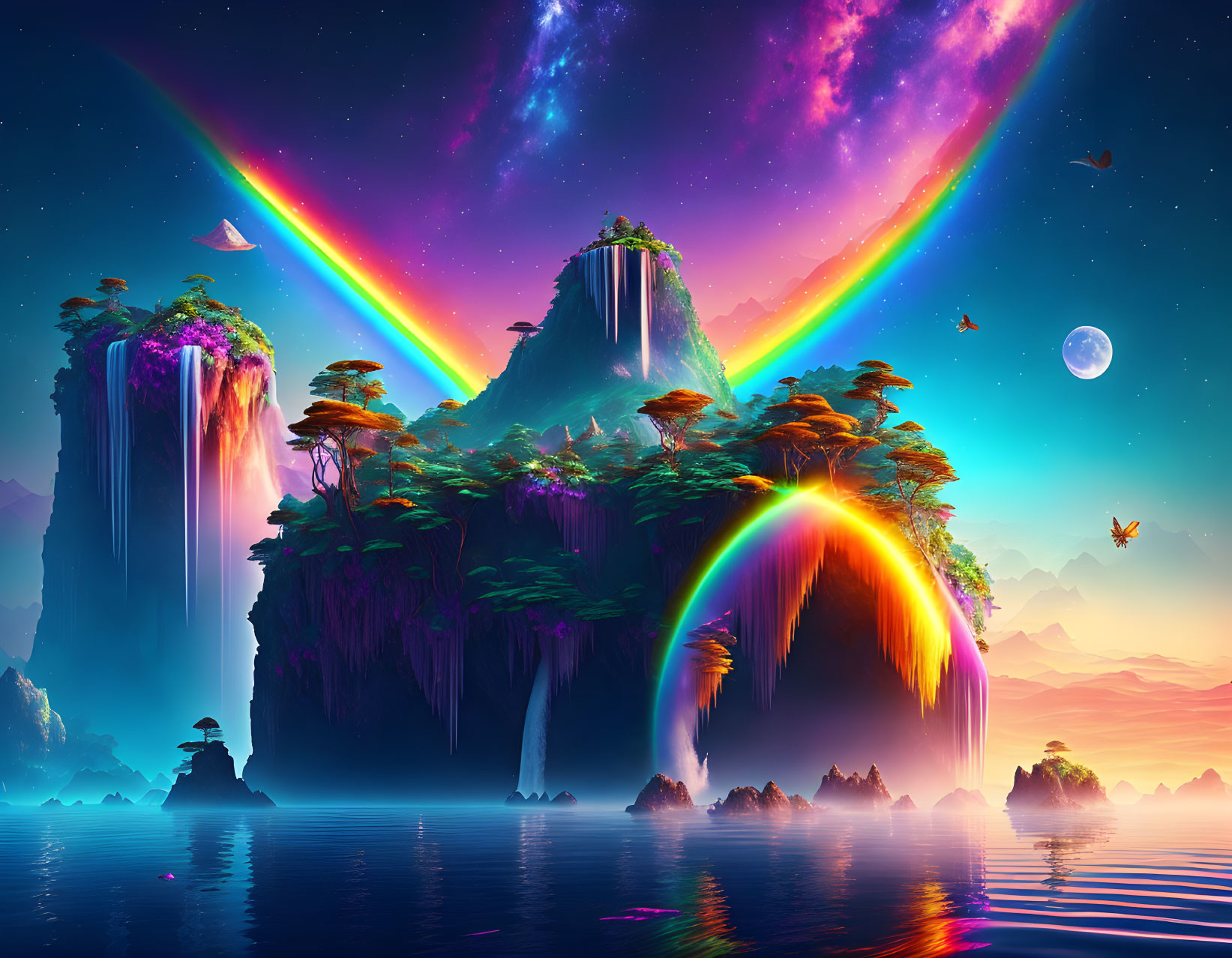 Colorful fantasy landscape with waterfalls, rainbow sky, floating islands, and mountains at dusk