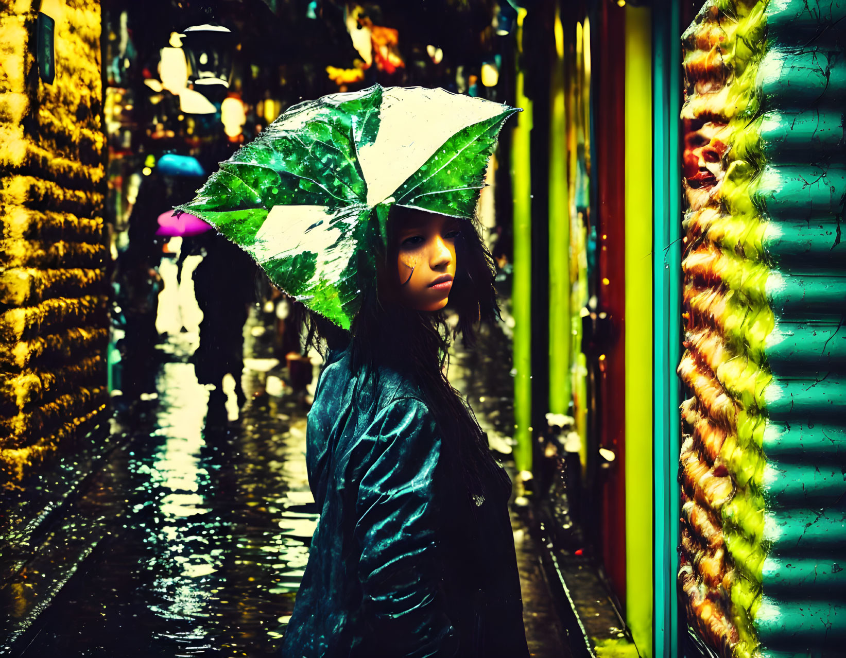 Vibrant alleyway scene with woman and green umbrella