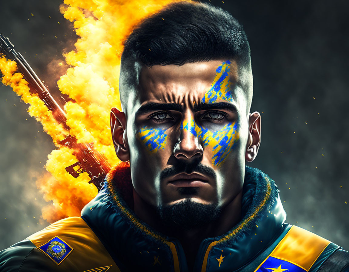 Digital art portrait of man with stern expression and war paint, featuring explosion and rifle.