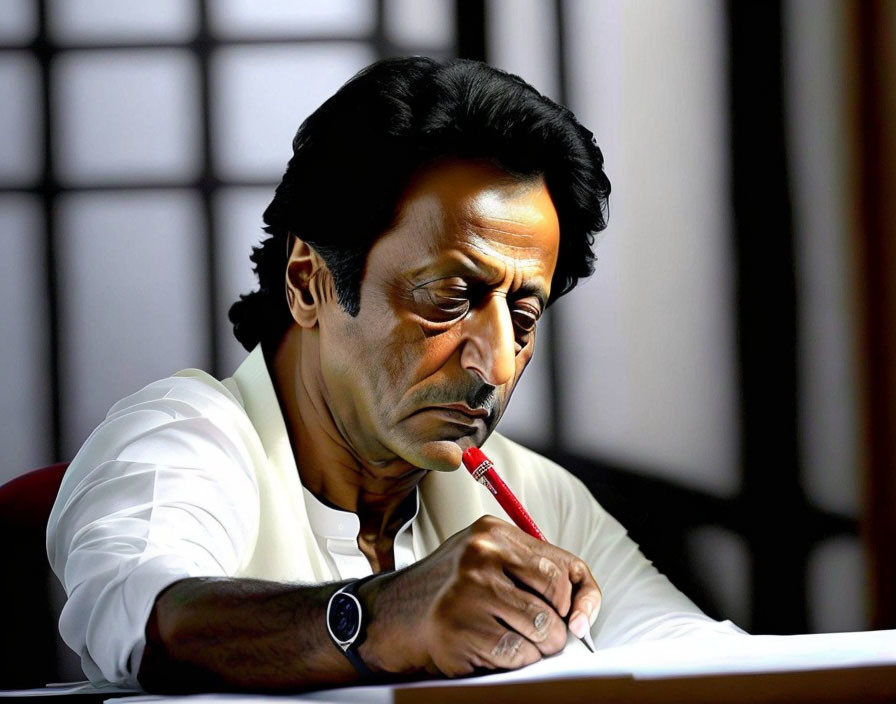 Person in white shirt with pencil in mouth writing notes at desk