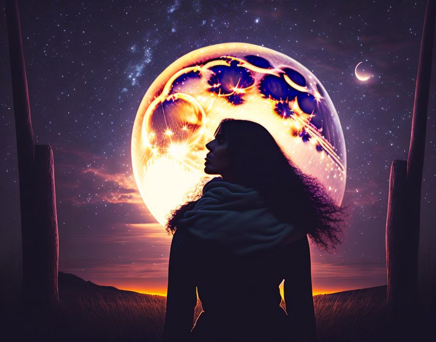 Woman's silhouette against twilight sky with surreal galaxy orb and crescent moon.