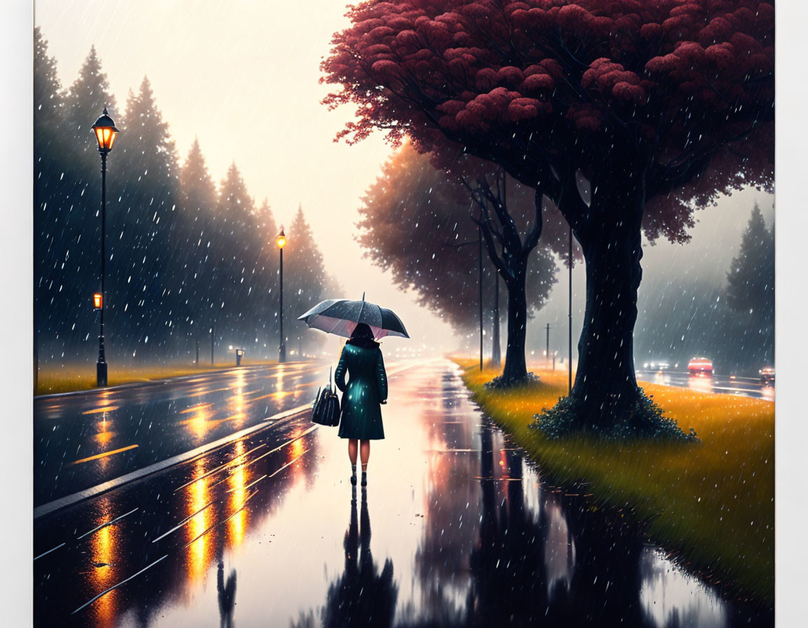 Person with umbrella walks on rainy street with glowing streetlamps and red-leafed trees