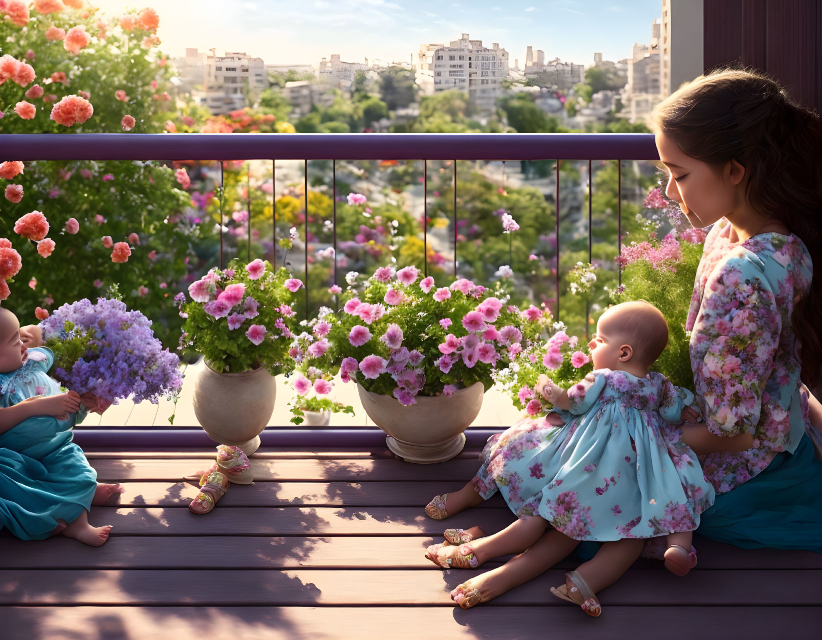 Woman and two babies on flower-filled balcony with cityscape view