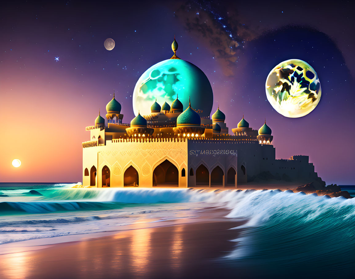 Ornate palace by the sea with two moons and setting sun