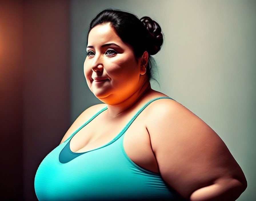 Woman in turquoise tank top with hair in bun smiling in dim lighting