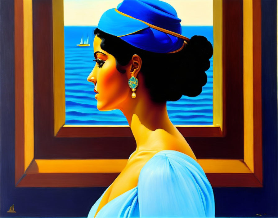 Stylized portrait of woman in blue headscarf by window overlooking calm sea and sailboat on