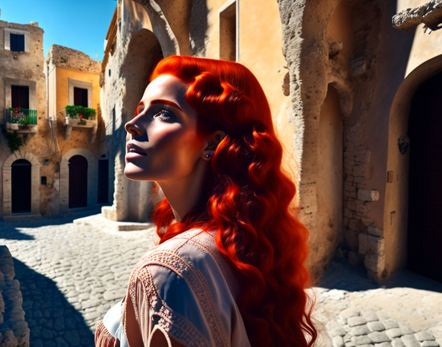 Vibrant red-haired woman under sunlight in European streets