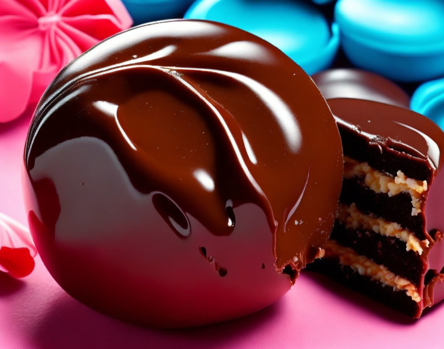 Chocolate-covered dessert with creamy filling and macarons on pink background