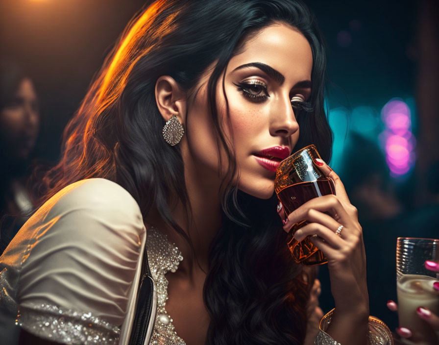 Dark-haired woman sipping drink in cream outfit in dimly lit bar