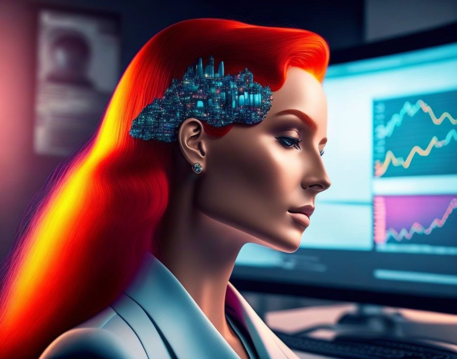 Digital artwork: Woman with red hair and cybernetic brain implant surrounded by graphs.