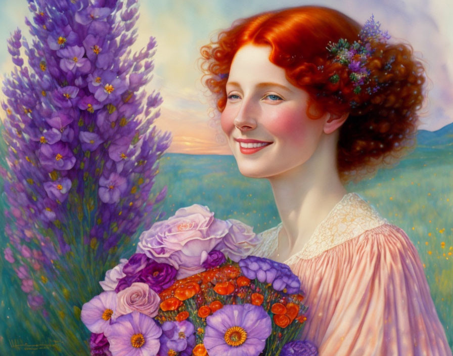 Smiling woman with red hair holding purple flowers in lavender field