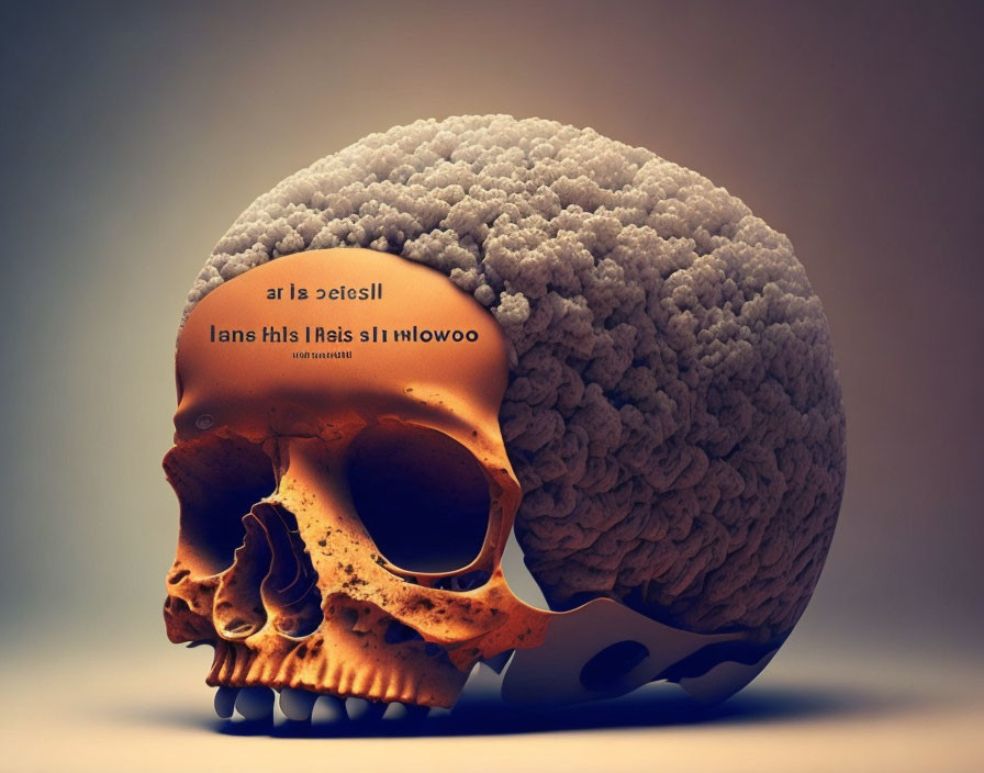 Surreal human skull with brain-like structure and obscured text