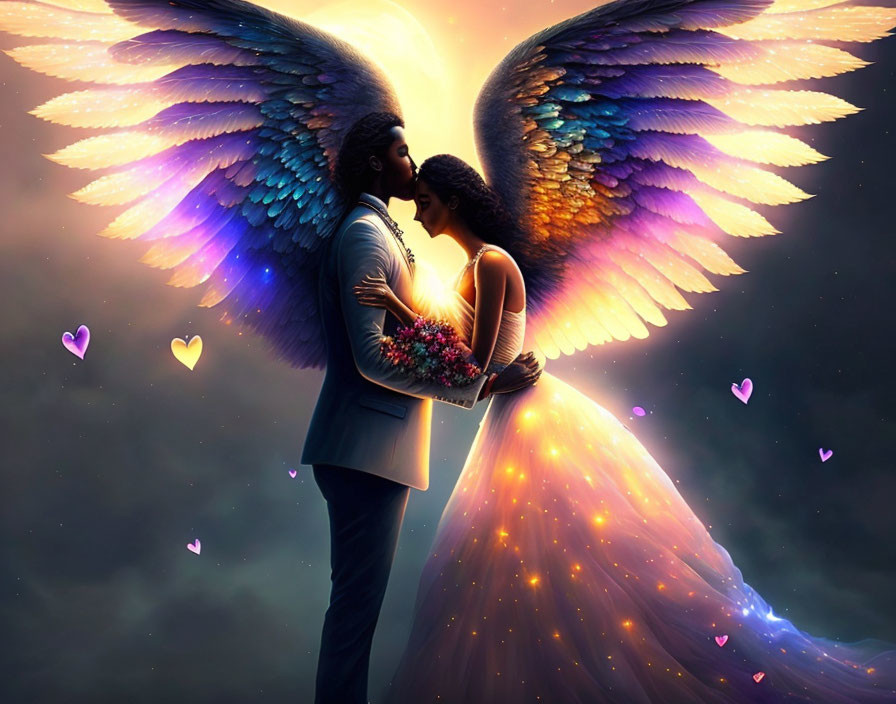 Romantic digital artwork: Couple with angel wings in celestial setting