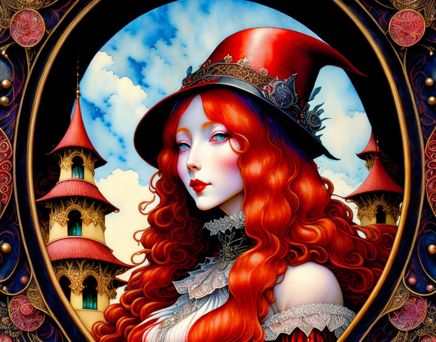 Detailed illustration of woman with red hair and blue eyes in red hat, surrounded by castles and clouds