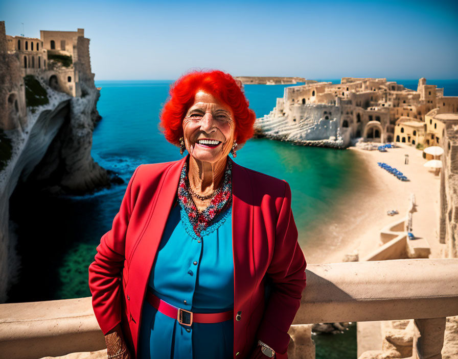 Bright red-haired elderly woman in colorful attire on balcony with coastal view