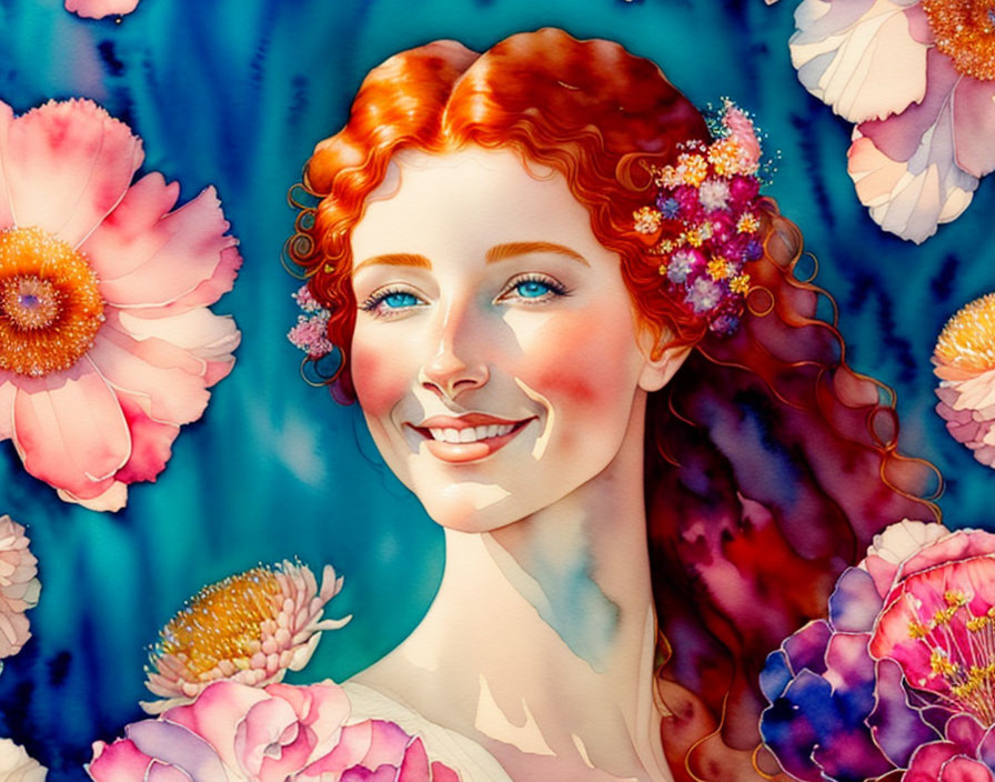 Red-haired woman with floral headpiece in vibrant flower setting