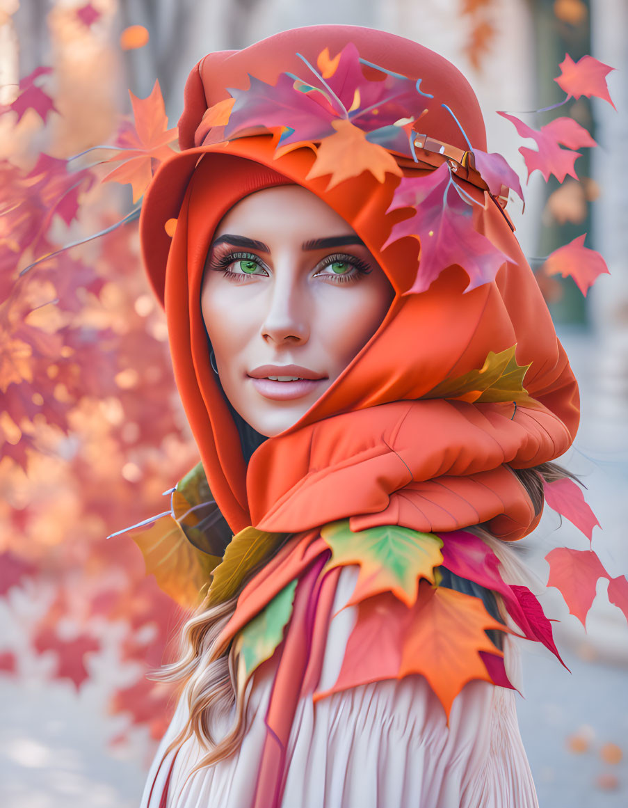 Woman with Green Eyes in Red Headscarf Amid Autumn Leaves