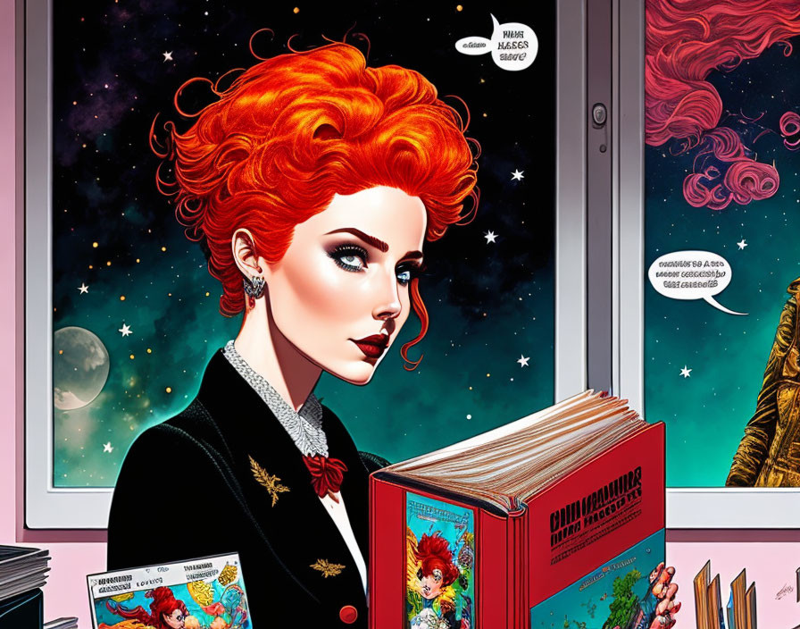 Red-haired woman reading comic book under starry night sky view.