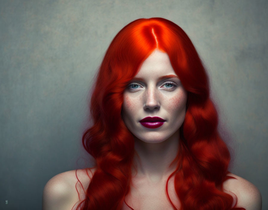 Vibrant red hair, pale skin, blue eyes, and purple lipstick portrait