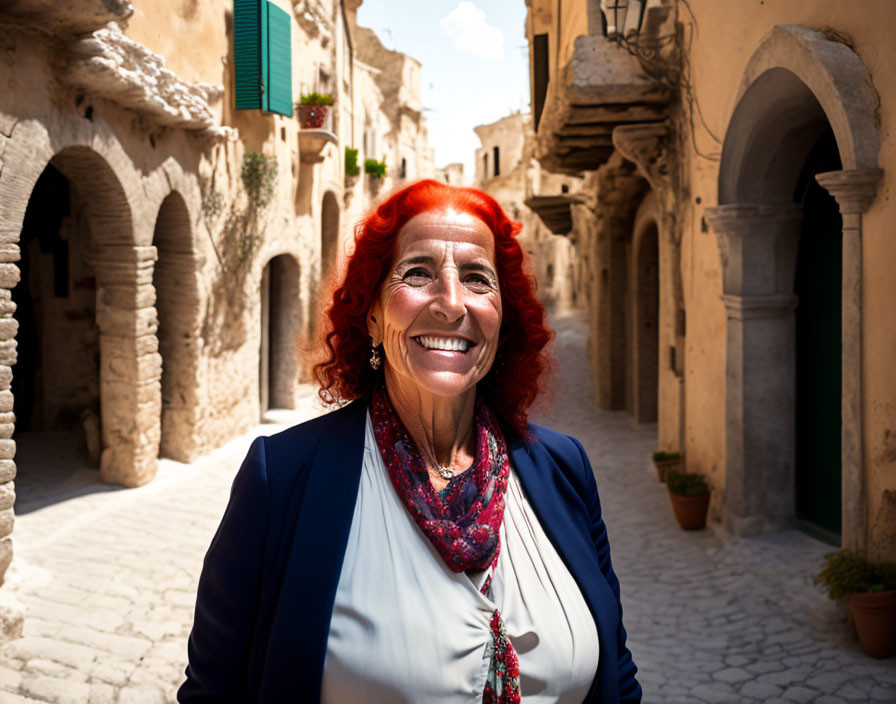 Red-Haired Woman Smiling in European Alleyway