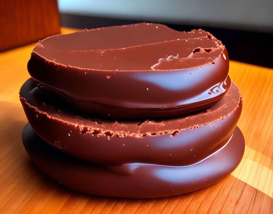 Stacked Chocolate-Covered Biscuits with Bite Mark on Wood Surface