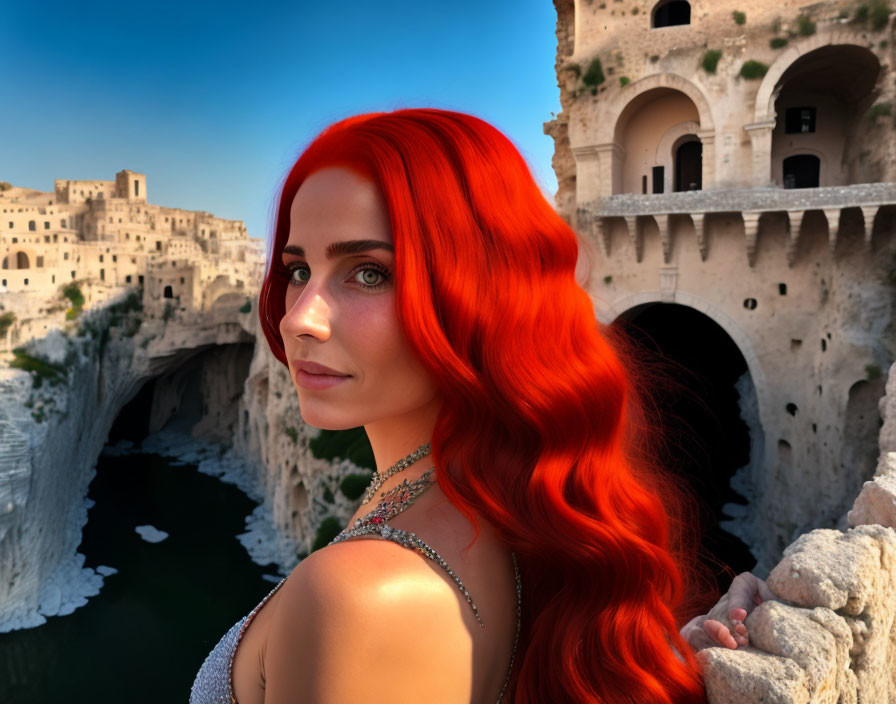 Vibrant red-haired woman gazes at historic canyon city under clear blue sky