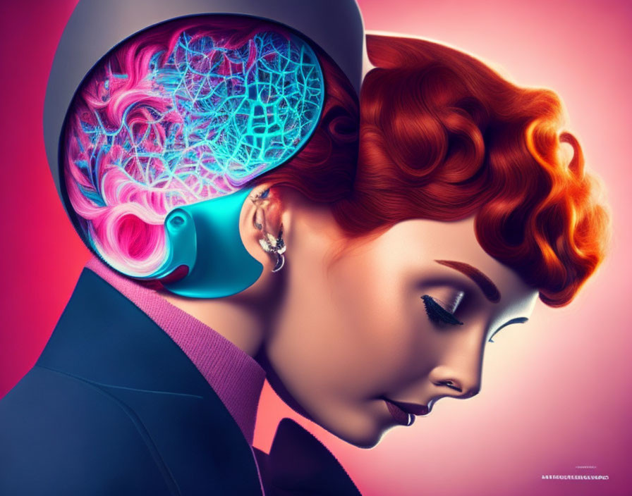 Vibrant red hair woman with neon-lit brain structure on pink and blue backdrop