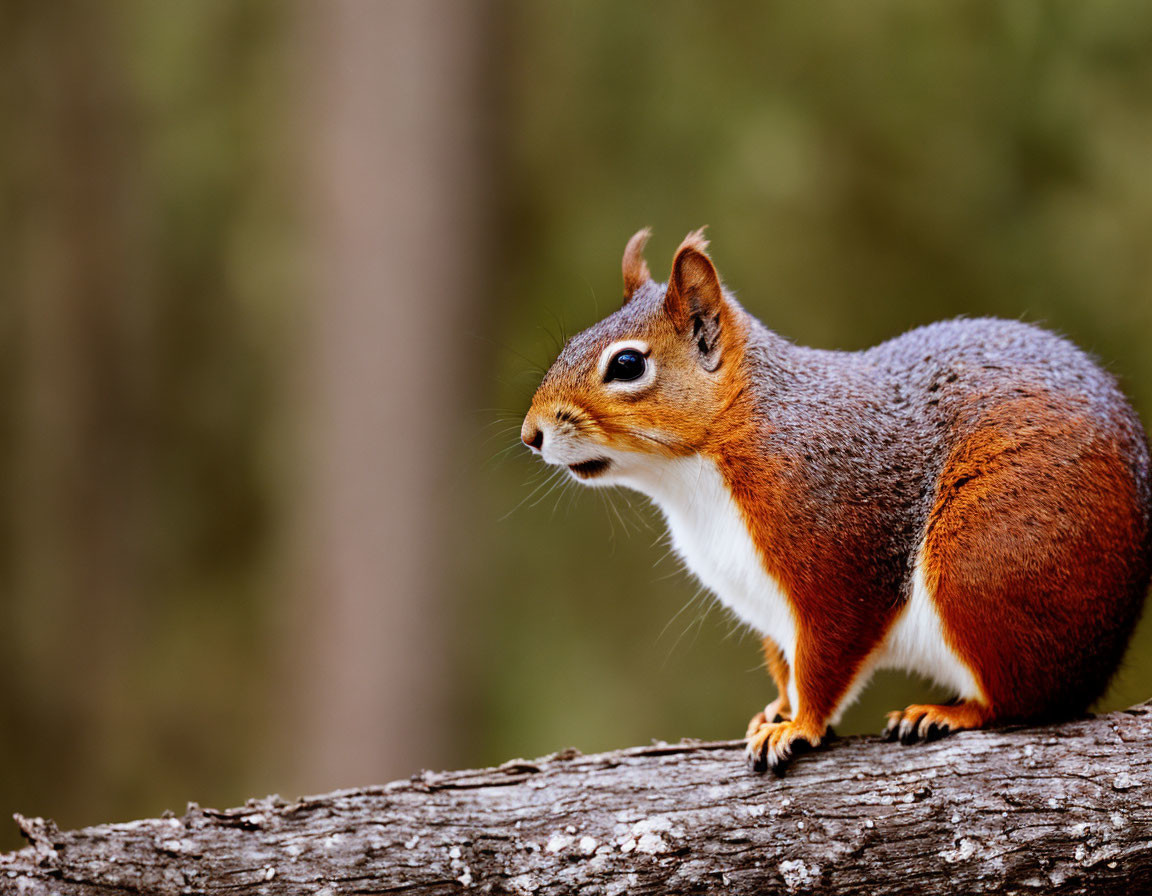 Reddish-Brown Squirrel with Bushy Tail on Tree Branch in Forest