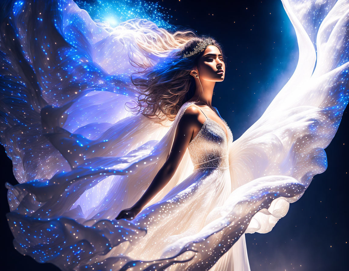 Ethereal woman with luminescent wings in starry setting