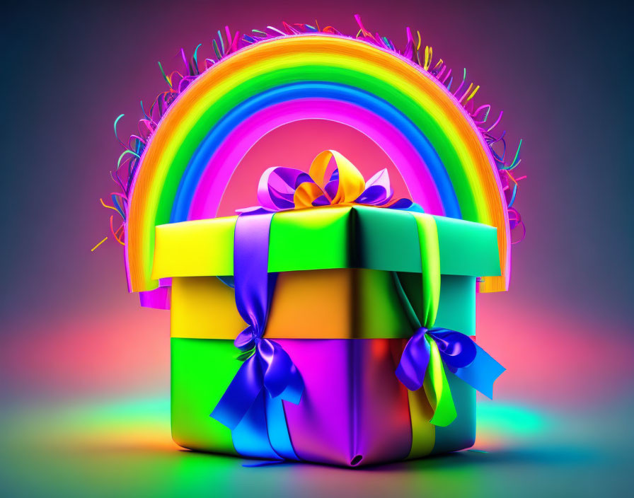 Colorful gift box with purple and yellow wrapping and blue ribbons on vibrant rainbow backdrop