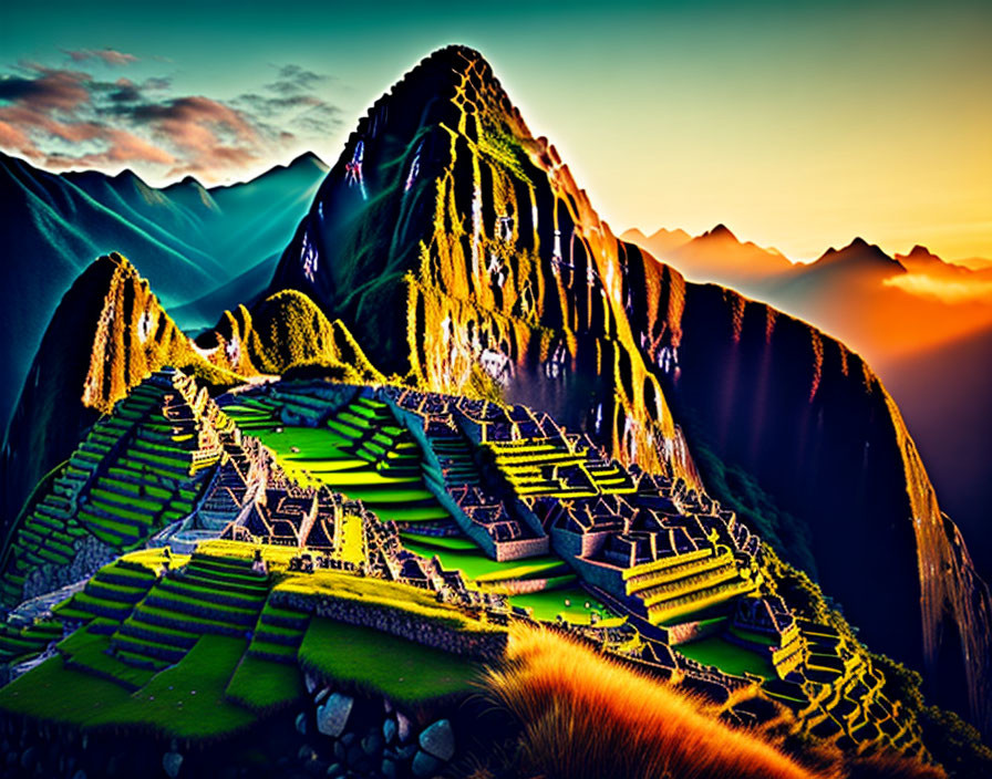 Machu Picchu ancient ruins at sunrise with vivid sky & mountain landscape