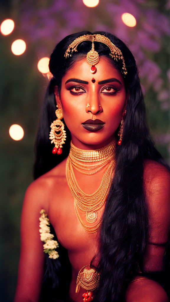 Traditional Indian jewelry adorns woman in elegant pose with bokeh lights and purple flowers