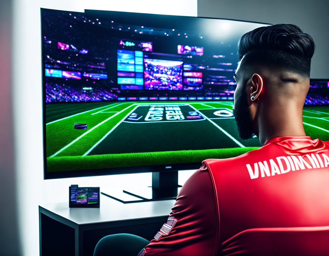 Esports fan in red jersey watches football video game on large screen with LED lights