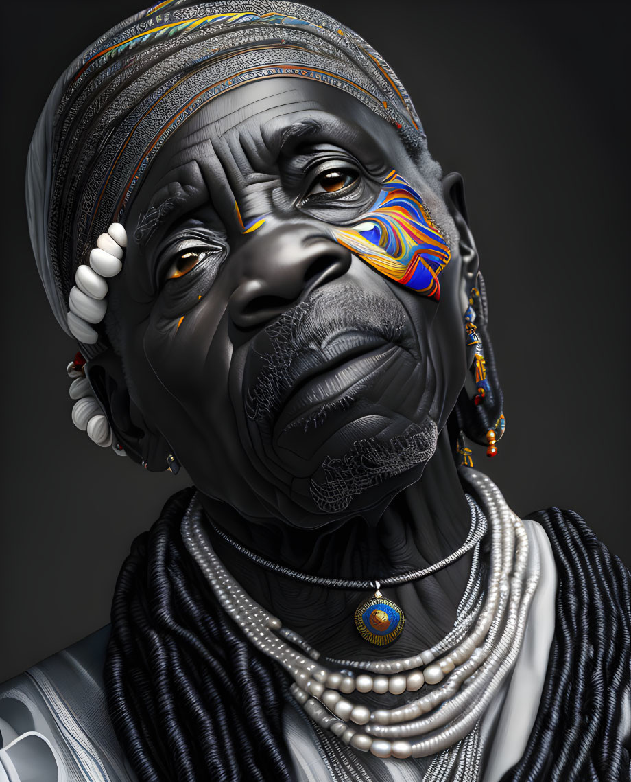 Detailed digital portrait of elderly person with facial markings and jewelry on grey background