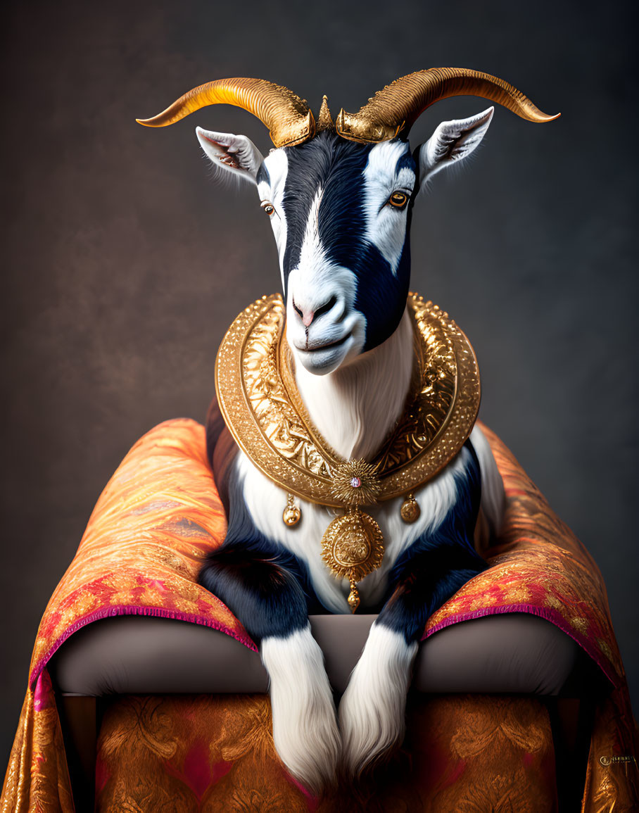 Regal goat with golden horns in ornate gold jewelry on plush armchair