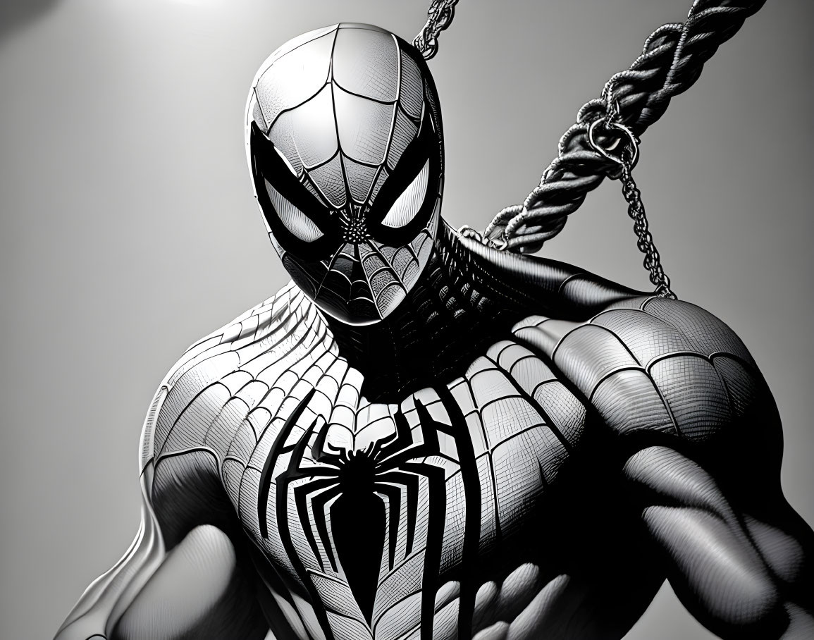 Monochrome Spider-Man with textured suit holding a chain on gradient backdrop